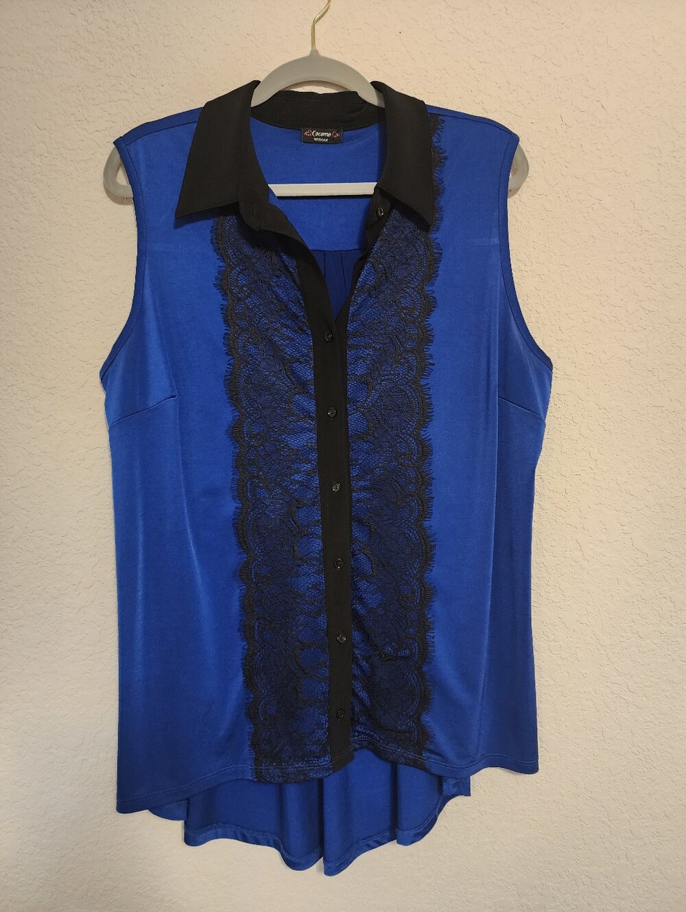 Cocomo Royal Blue Sleeveless Button-Down Top with Black Lace
